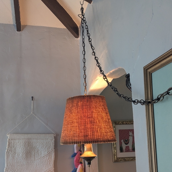 Vintage MCM Swag Drum Pleated Retro Fabric Lamp Light w/ Chain 20” Rare - Picture 1 of 4